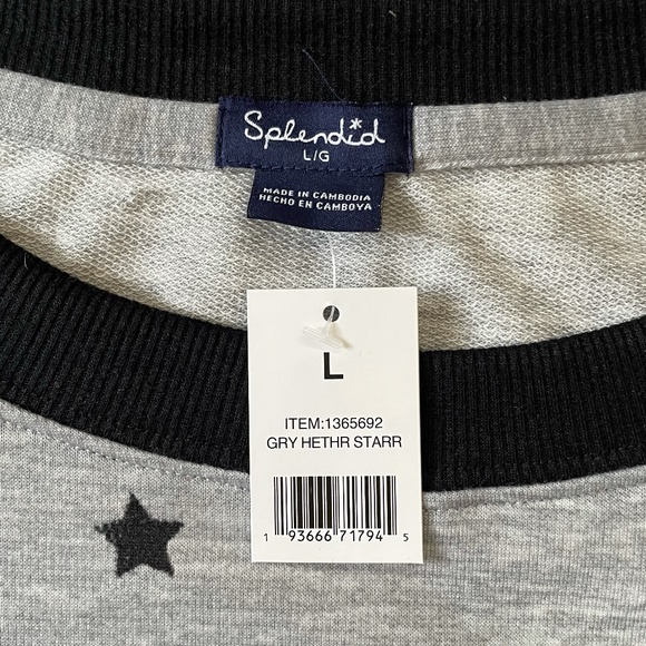 Splendid Heathered Gray Crewneck Star Pullover Lightweight Sweatshirt NWT Size L - Picture 3 of 4